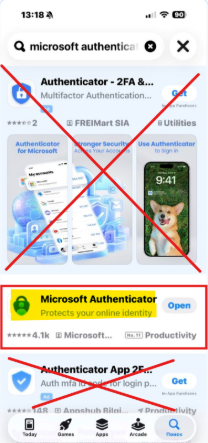 Снимок поиска в App Store: Microsoft Authenticator выделен красной рамкой, другие приложения перечёркнуты